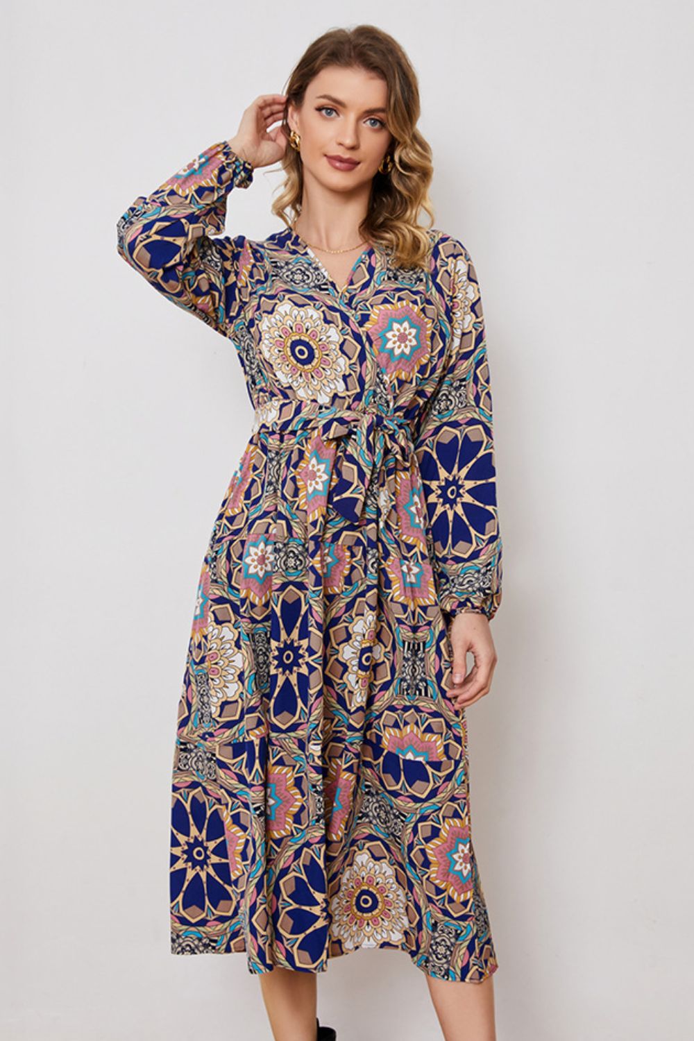 Printed Tie Waist Surplice Neck Dress