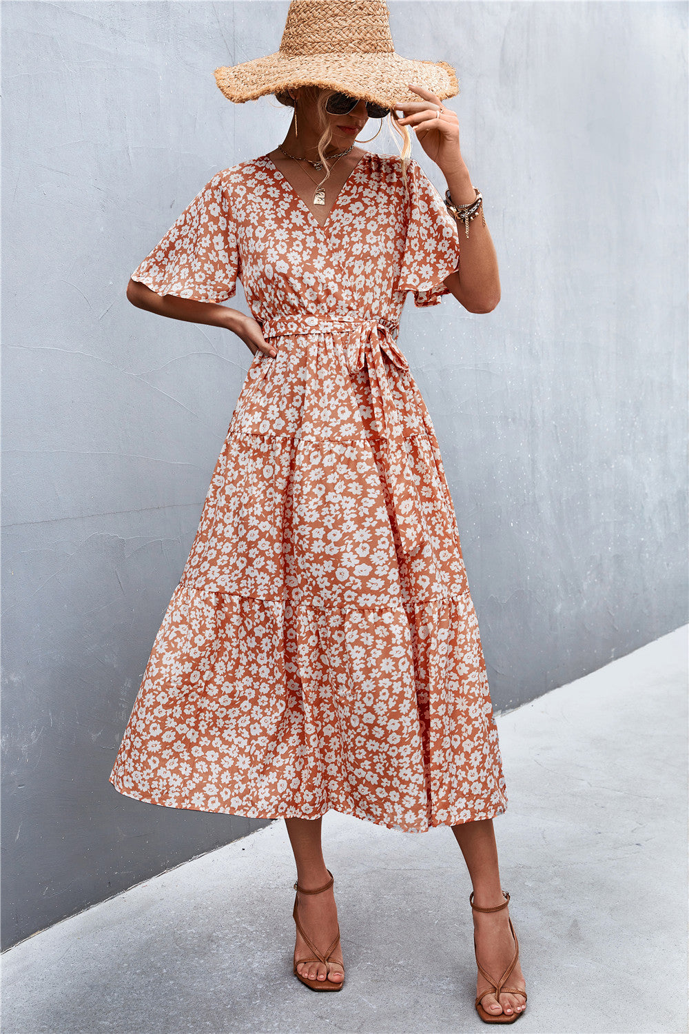 Printed V-Neck Flutter Sleeve Belted Dress