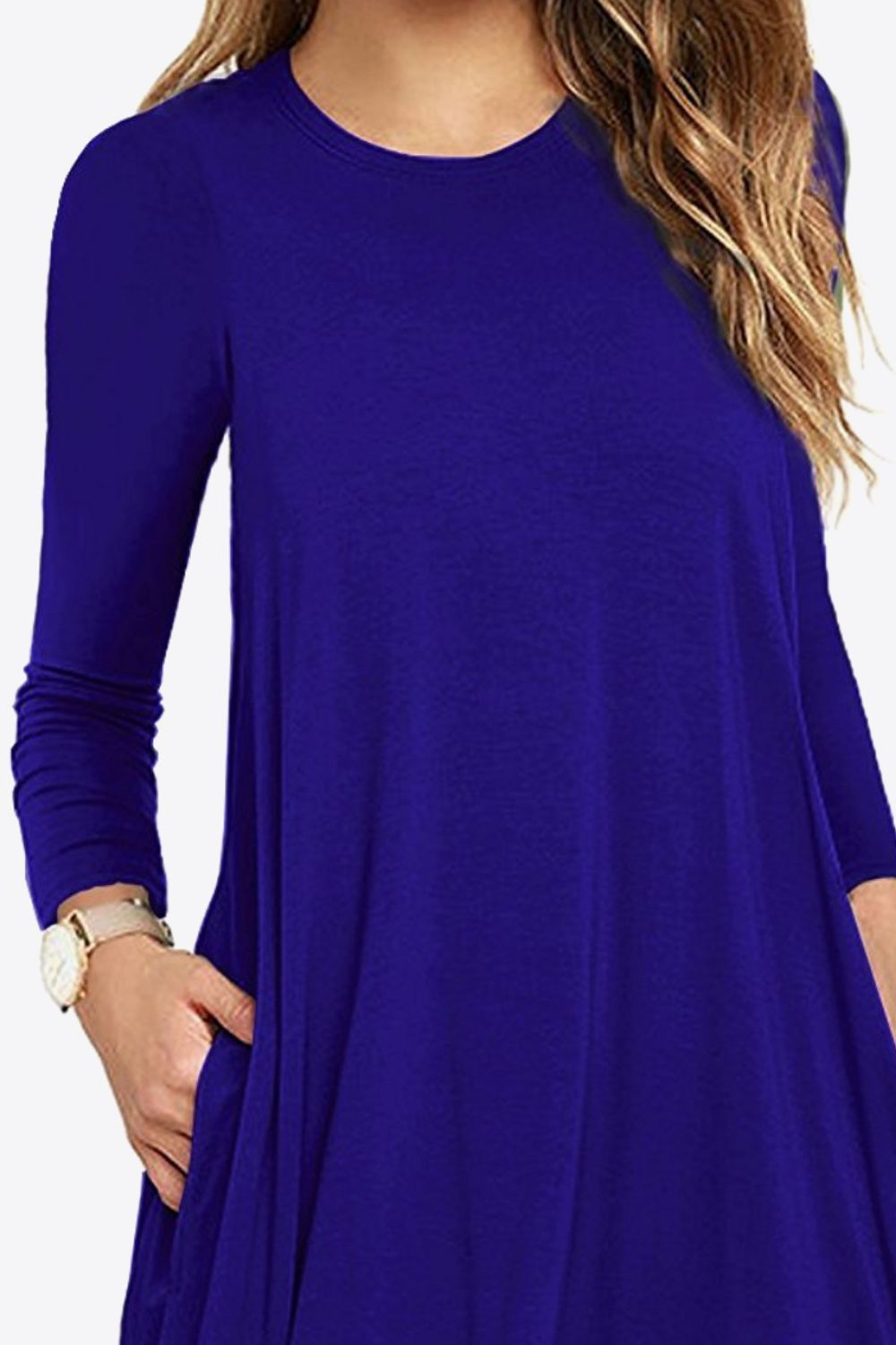 Full Size Long-Sleeve Round Neck Dress with Pockets