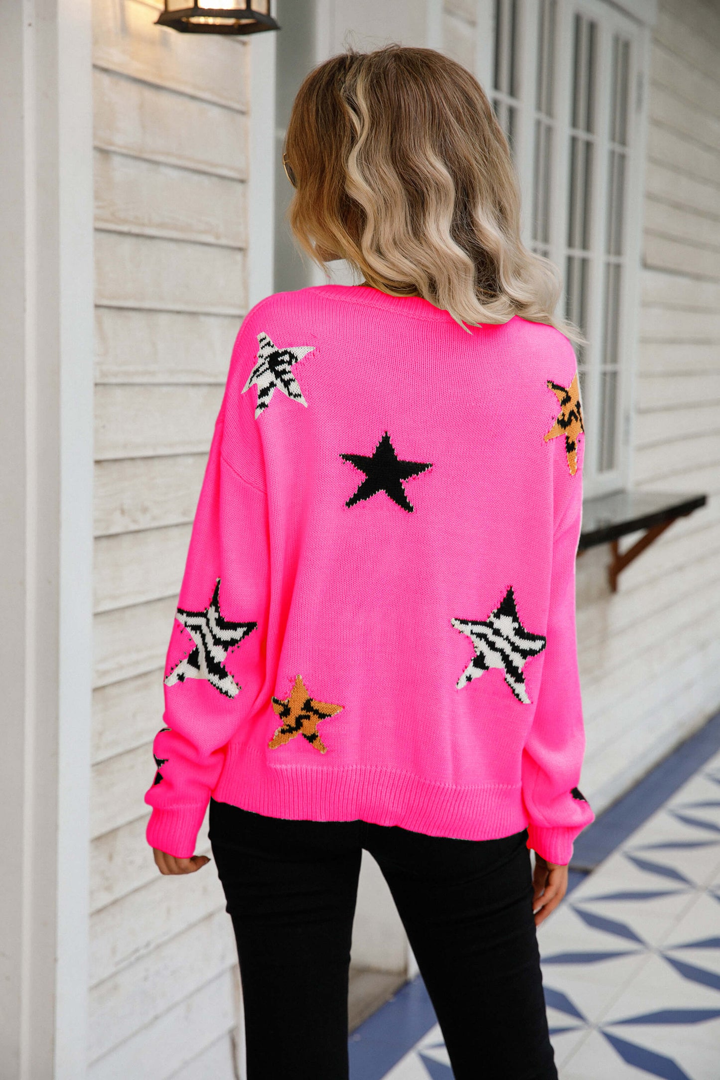 Star Pattern Round Neck Dropped Shoulder Sweater