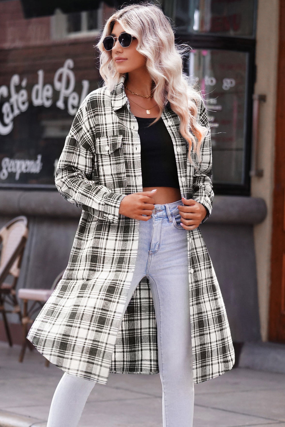 Plaid Button-Up Longline Shacket with Breast Pockets