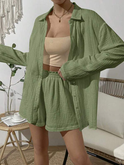 Dropped Shoulder Button Up Top and Elastic Waist Shorts Set