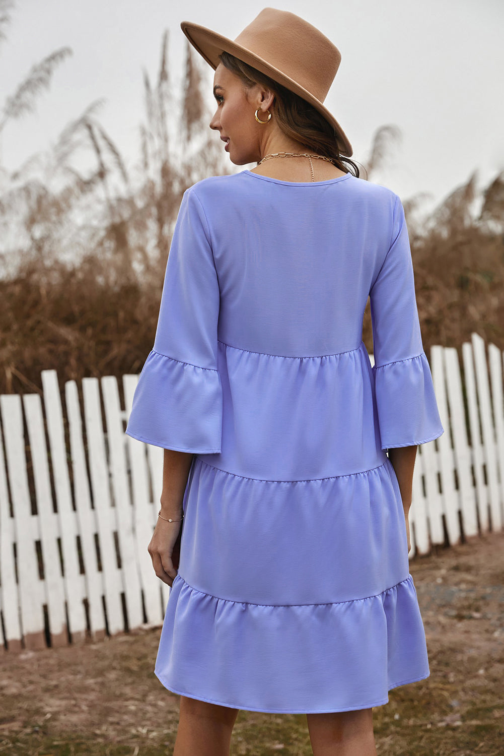 Tassel Tie Tiered Flounce Sleeve Tiered Dress