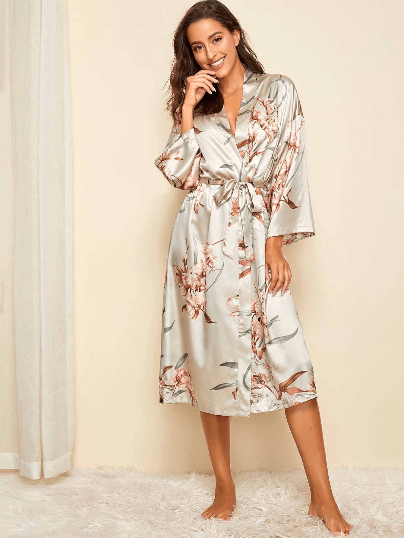 Floral Drop Shoulder Tie Waist Satin Robe