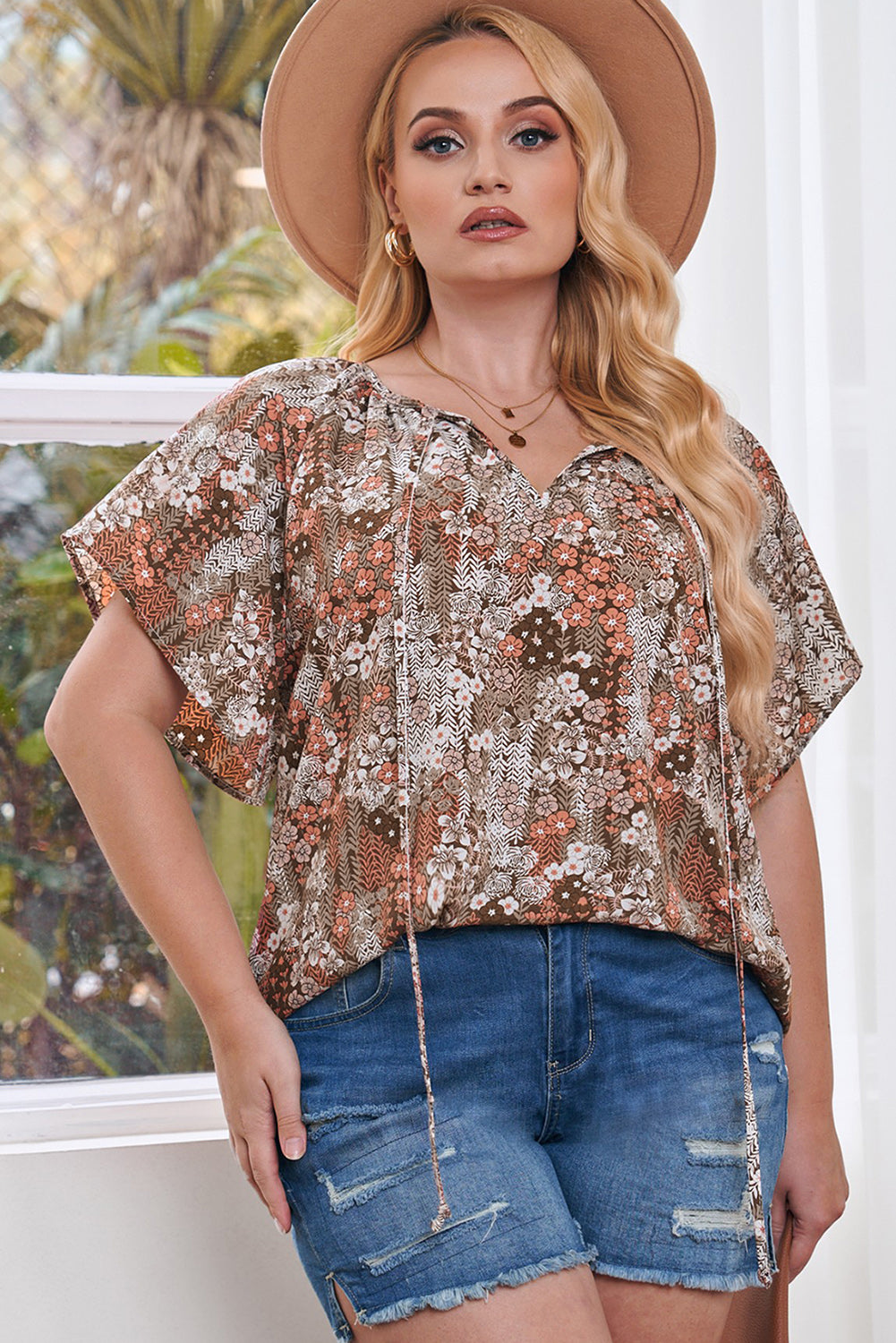 Plus Size Floral Tie Neck Short Sleeve Blouse