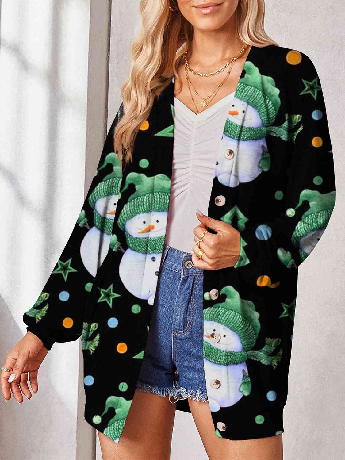 Printed Button Up Long Sleeve Cardigan