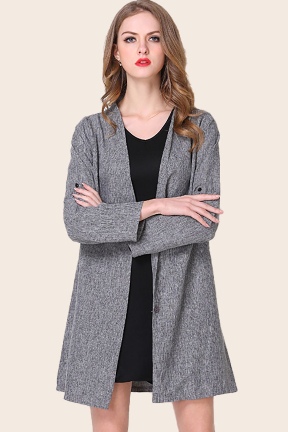 Plus Size Heathered Button Front Trench Coat