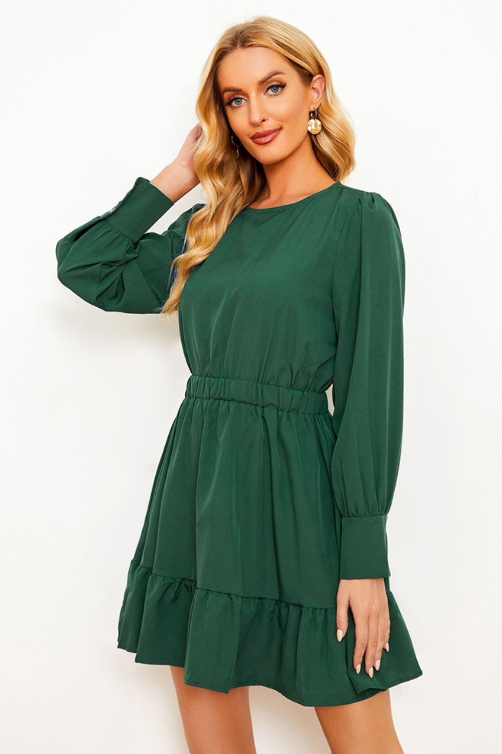 Round Neck Puff Sleeve Ruffle Hem Dress