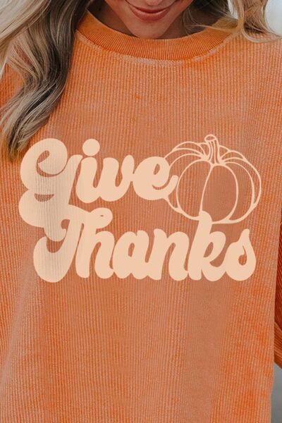 GIVE THANKS Ribbed Round Neck Sweatshirt