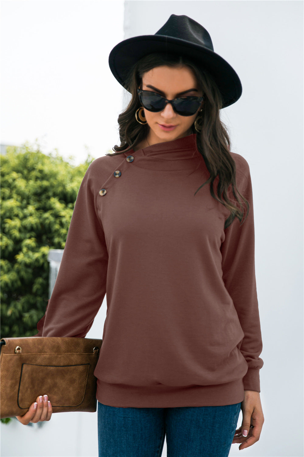 Buttoned Long Raglan Sleeve Hoodie