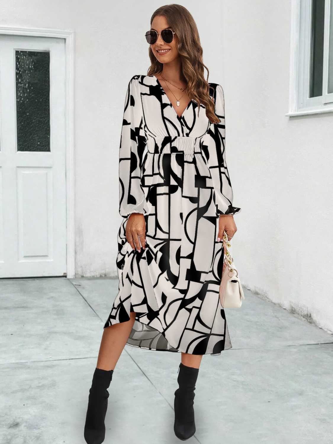 Surplice Neck Long Sleeve Midi Dress