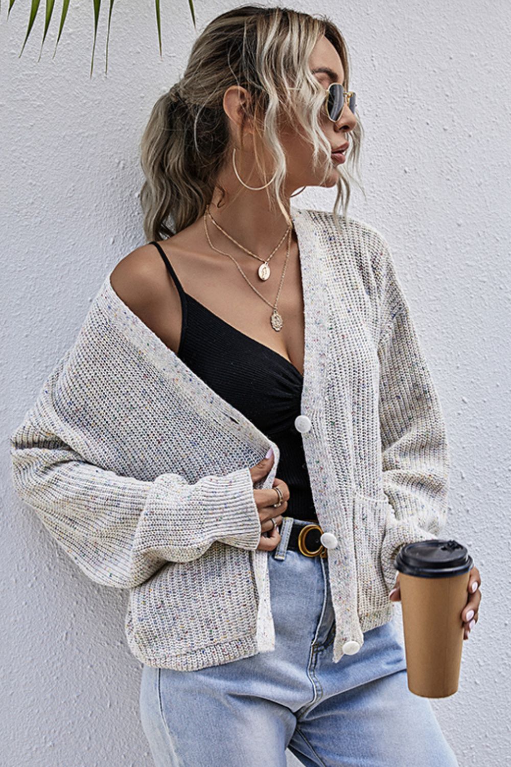 Button-Down Drop Shoulder Rib-Knit Cardigan