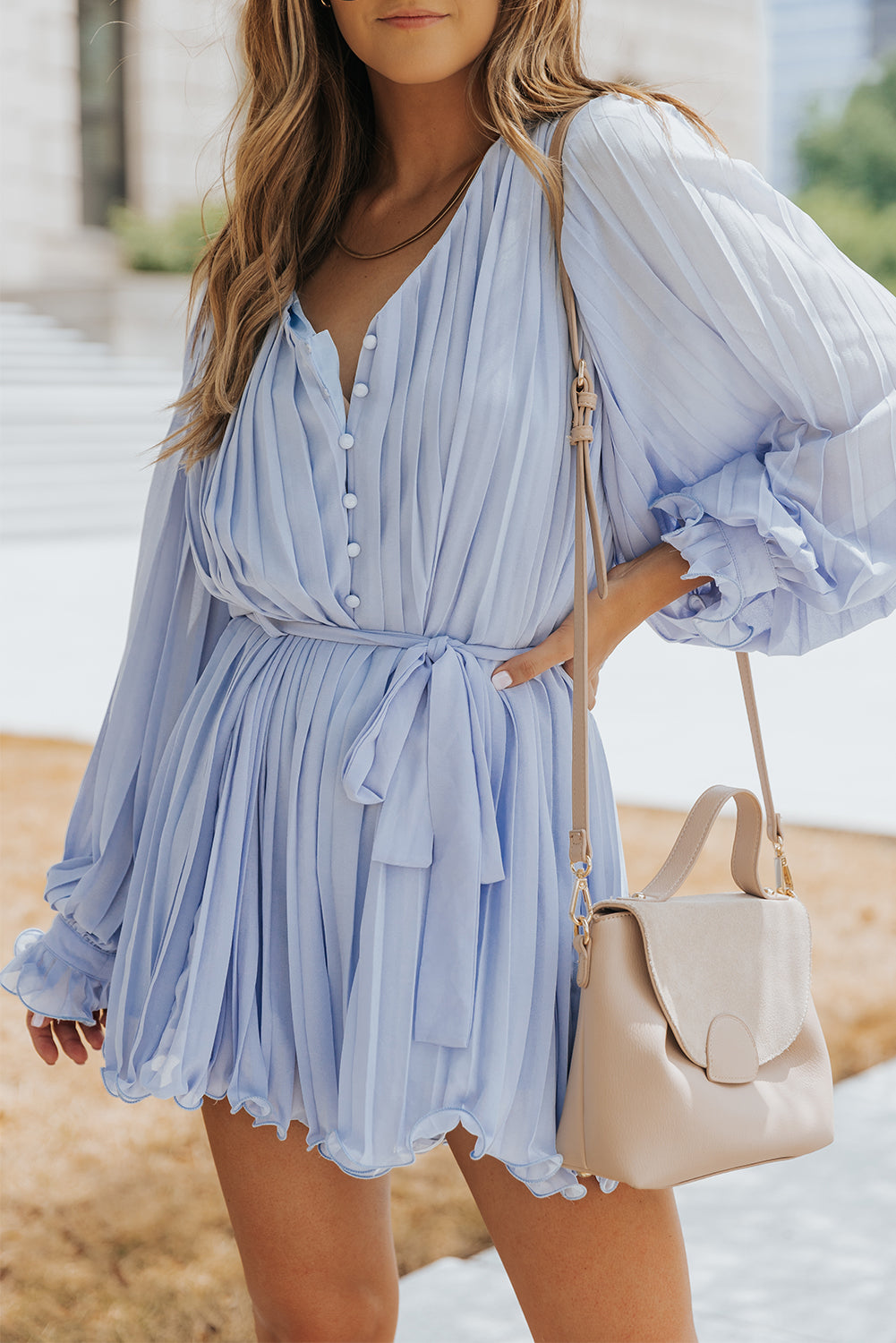 Pleated Button Front Flounce Sleeve Romper