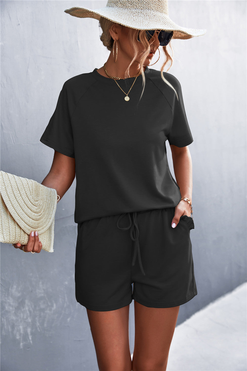 Raglan Sleeve Ruffle Hem Top and Shorts Set with Pockets