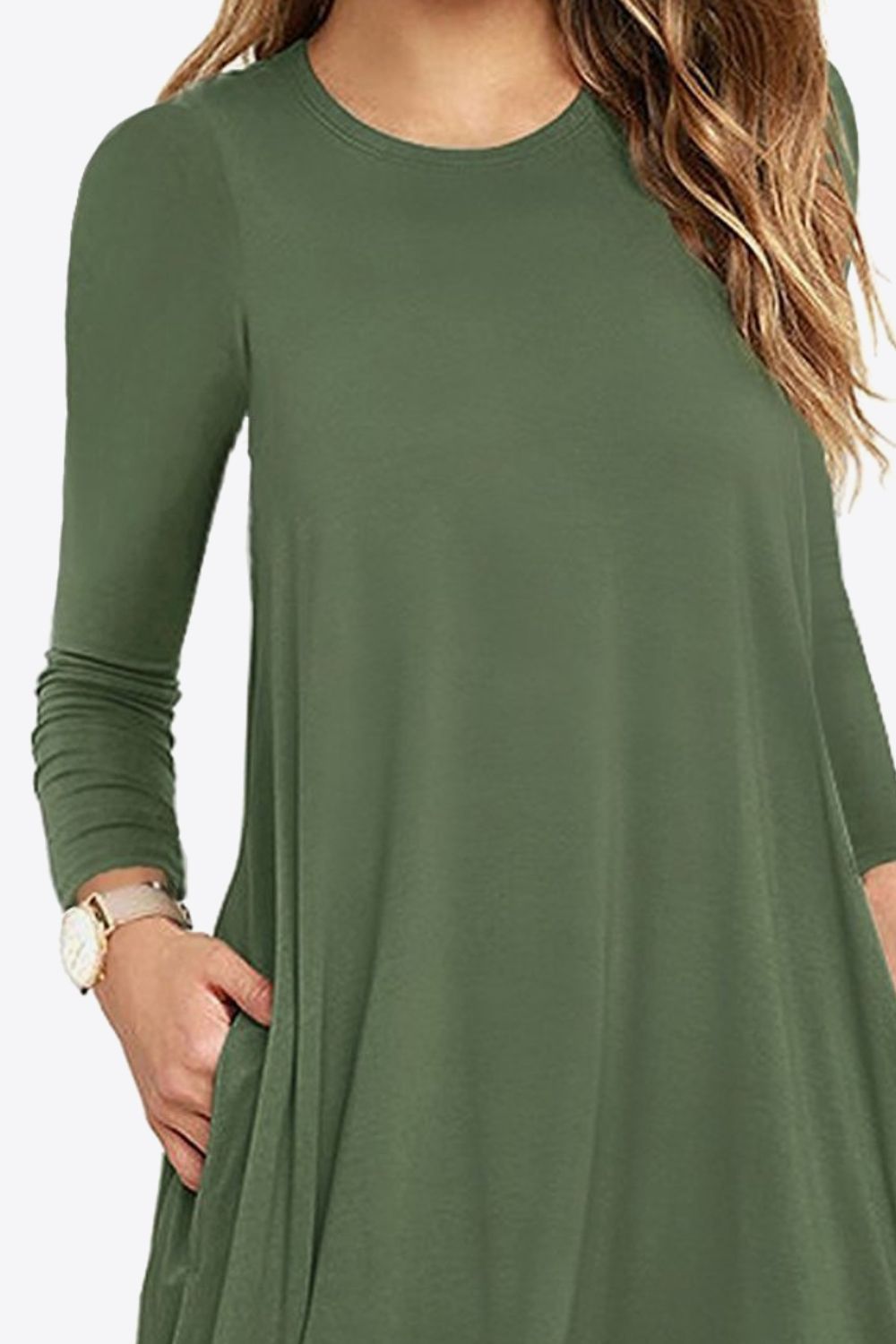 Full Size Long-Sleeve Round Neck Dress with Pockets