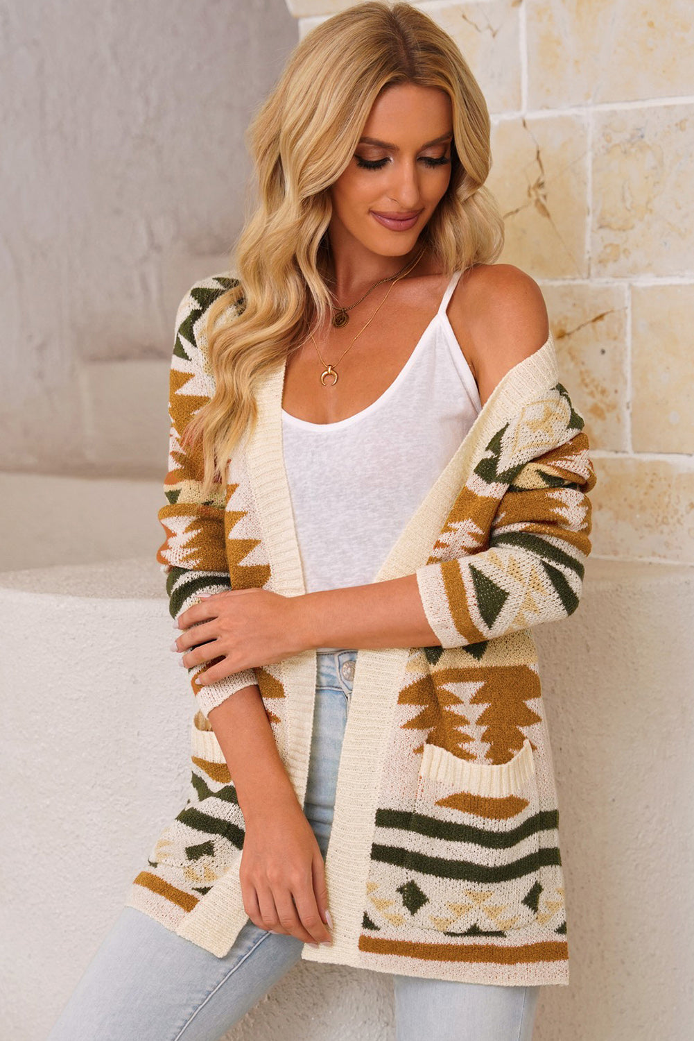 Geometric Open Front Pocket Longline Cardigan