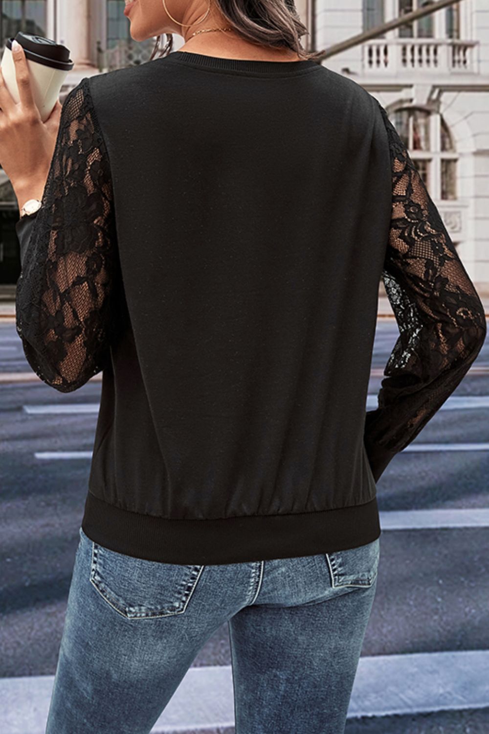 Round Neck Lace Trim Long Sleeve Sweatshirt