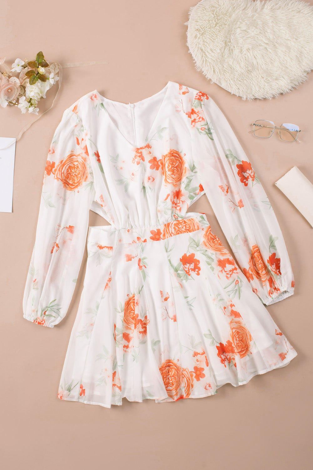 Floral Cutout V-Neck Long Sleeve Dress