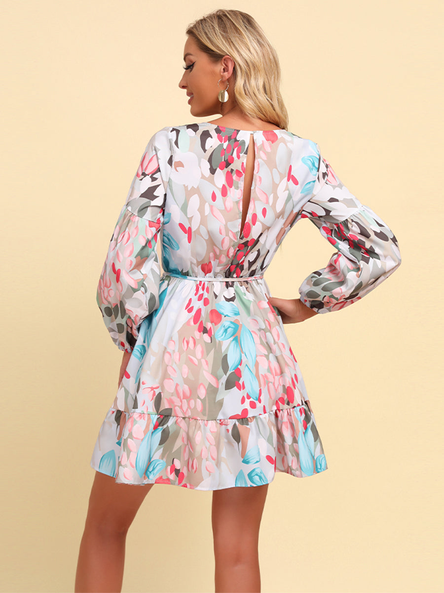 Full Size Printed Tie-Waist Puff Sleeve Surplice Dress