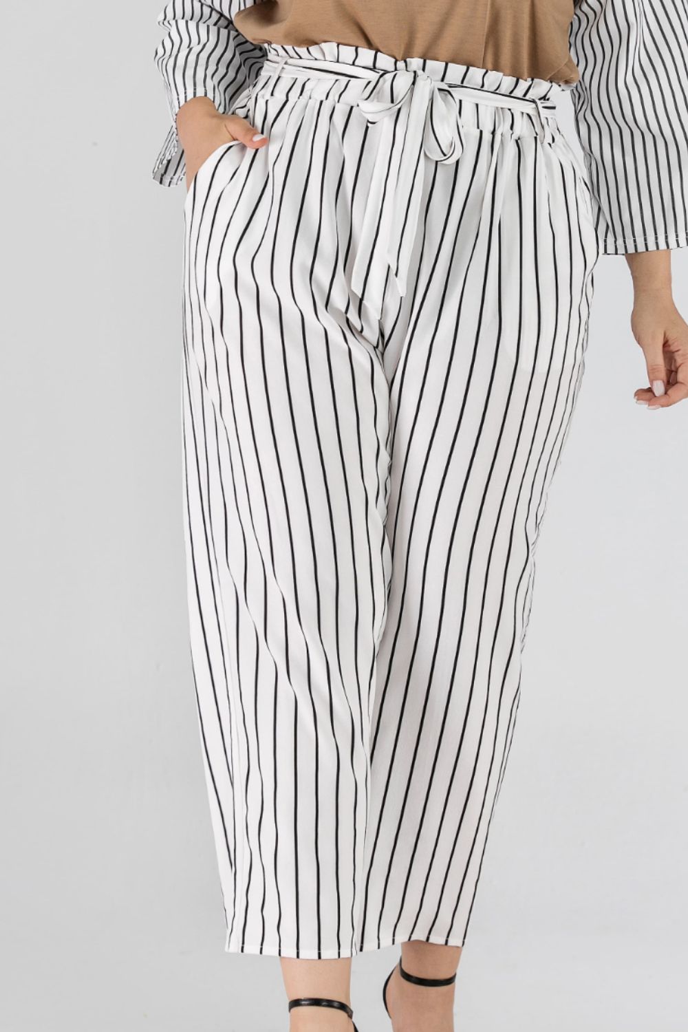 Full Size Striped Paperbag Waist Cropped Pants