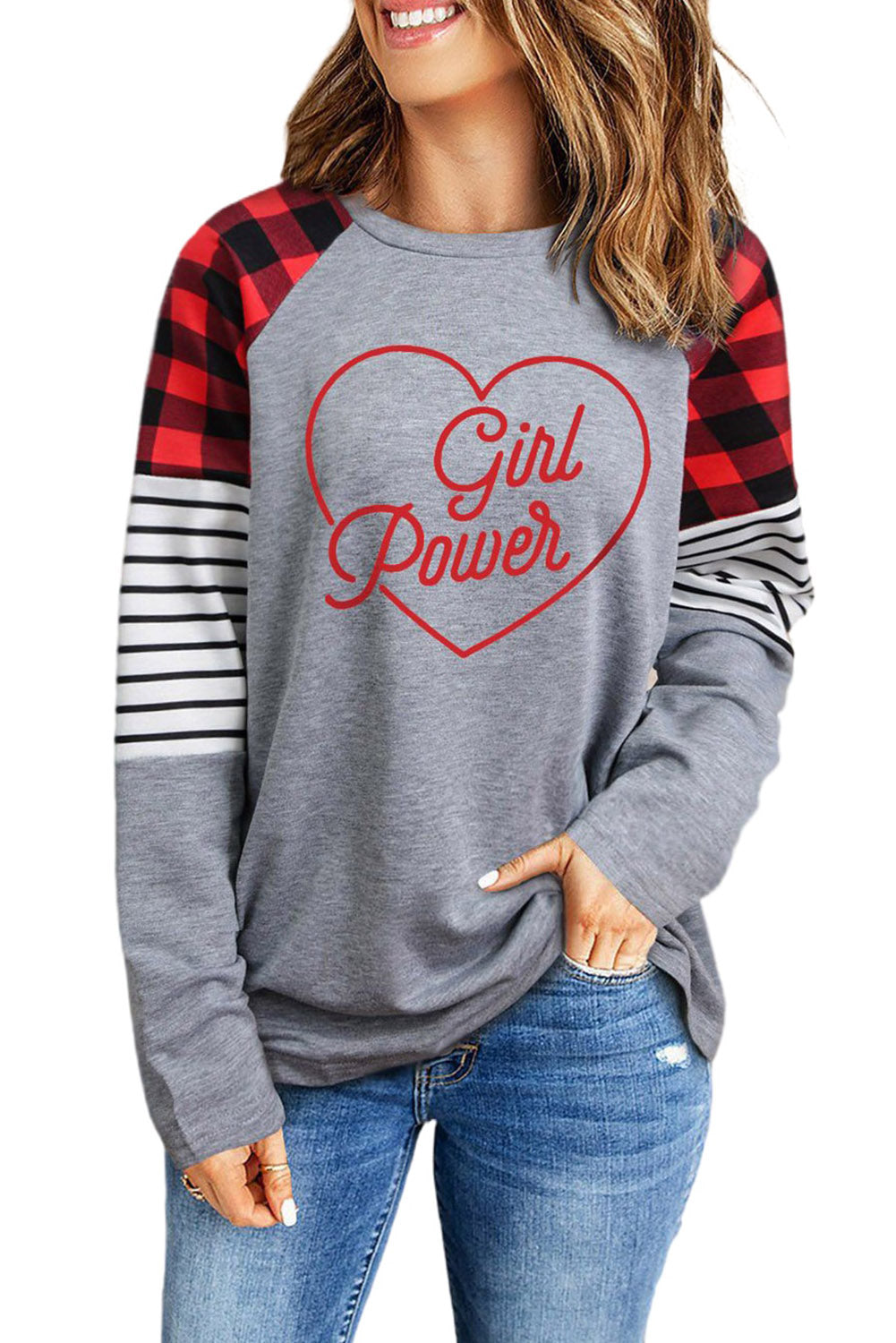 GIRL POWER Striped Plaid Long Sleeve Top