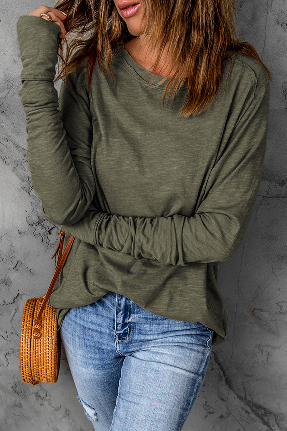 Thumbhole Long Sleeve Round Neck Top