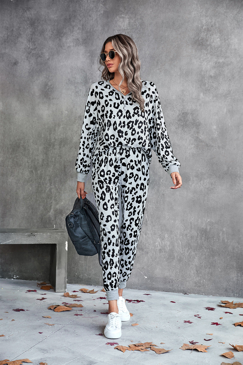 Leopard V-Neck Dropped Shoulder Loungewear Set