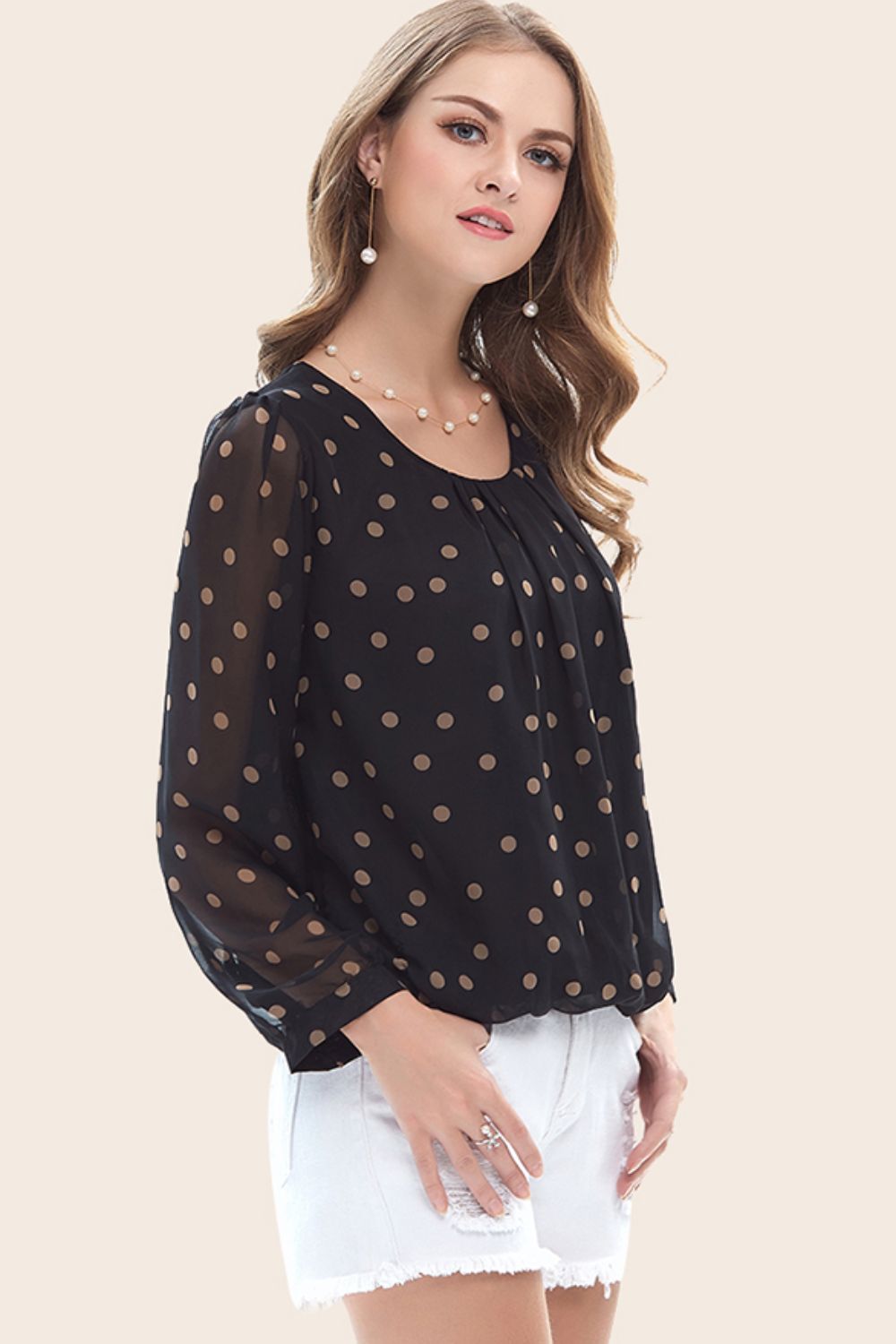 Full Size Polka Dot Round Neck Long Puff Sleeve Blouse