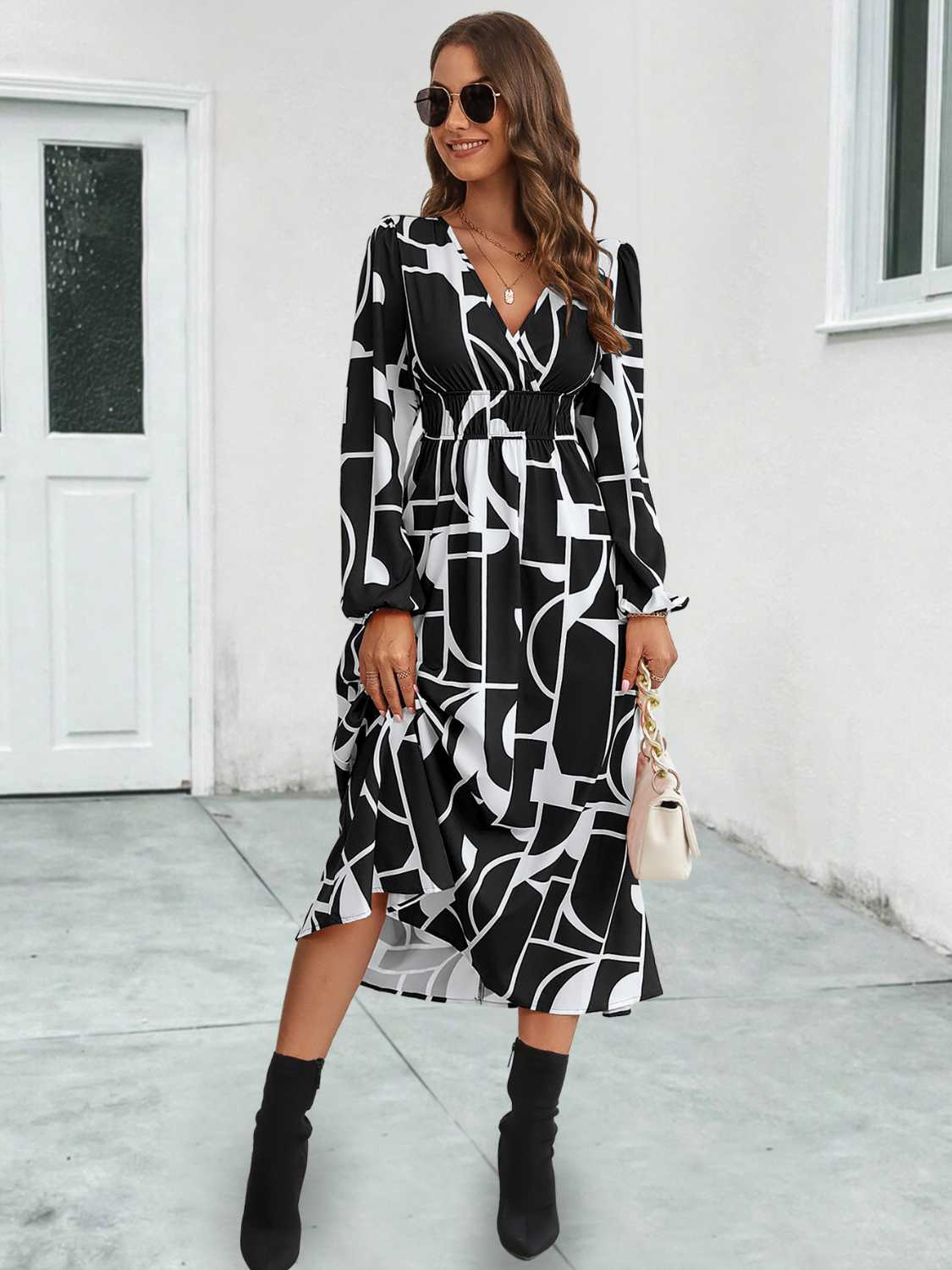 Surplice Neck Long Sleeve Midi Dress