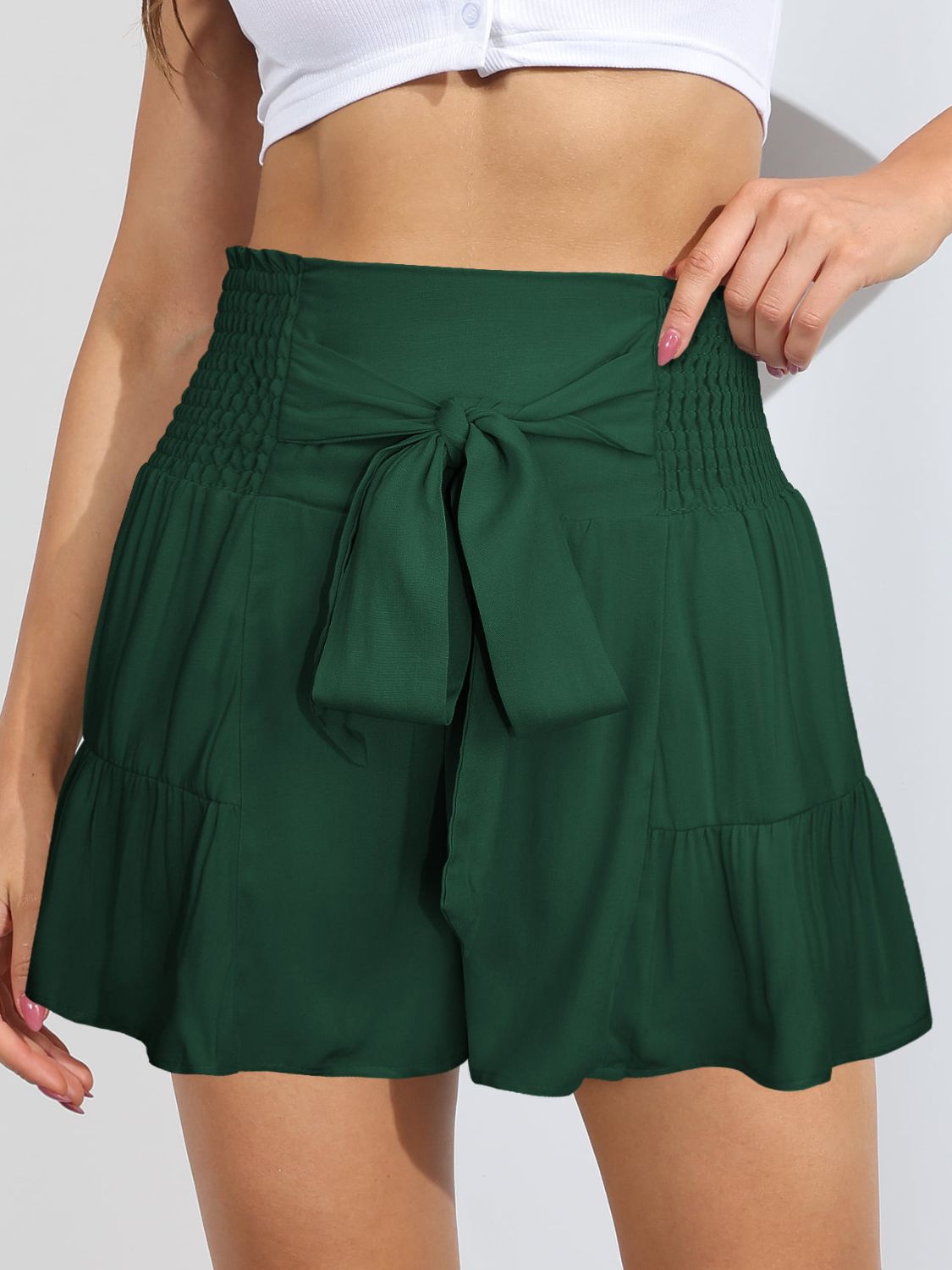 Smocked Tie-Front High-Rise Shorts