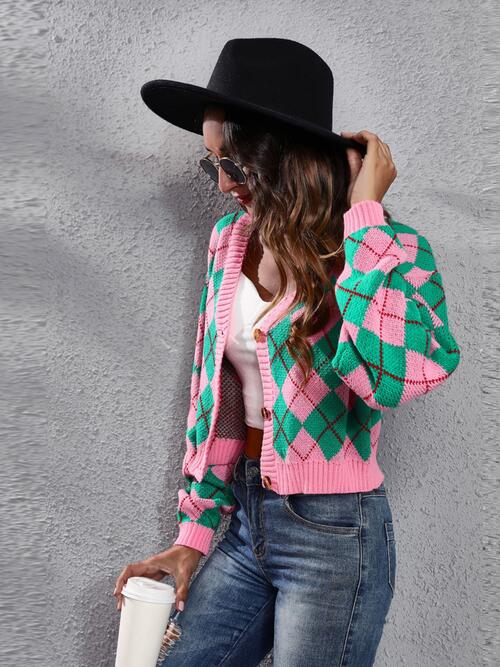 Geometric Button Up Long Sleeve Cardigan