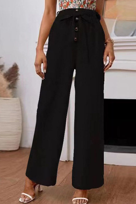 Buttoned Tie-Waist Wide Leg Pants