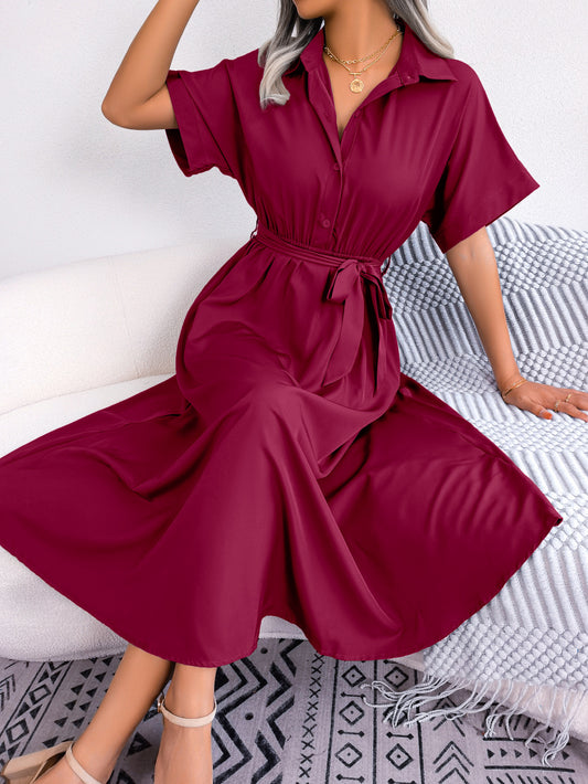 Short Sleeve Collared Tie Belt Dress