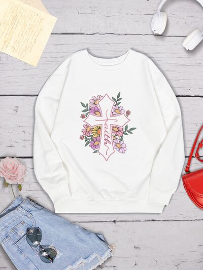 Cross Graphic Round Neck Dropped Shoulder Sweatshirt