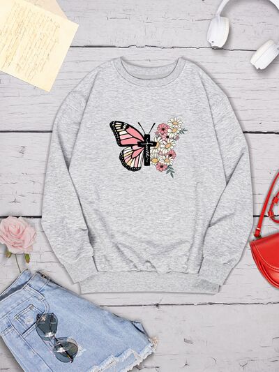 Butterfly Round Neck Dropped Shoulder Sweatshirt