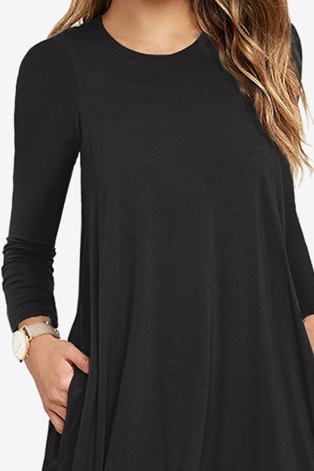 Full Size Long-Sleeve Round Neck Dress with Pockets