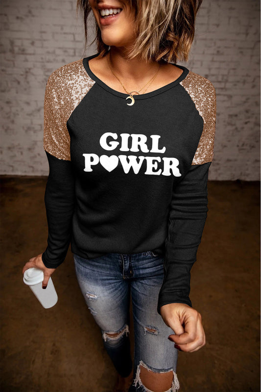 GIRL POWER Sequin Long Raglan Sleeve Tee