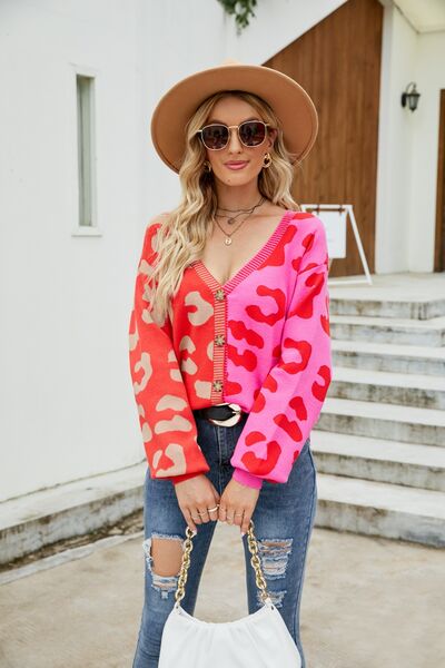 Leopard Button Up Dropped Shoulder Cardigan