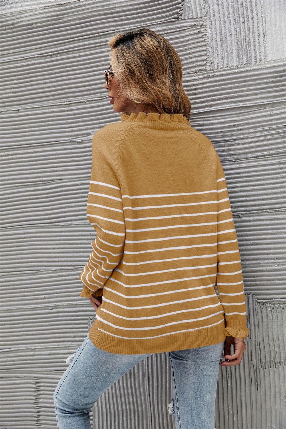 Striped Half-Button Frill Trim Sweater