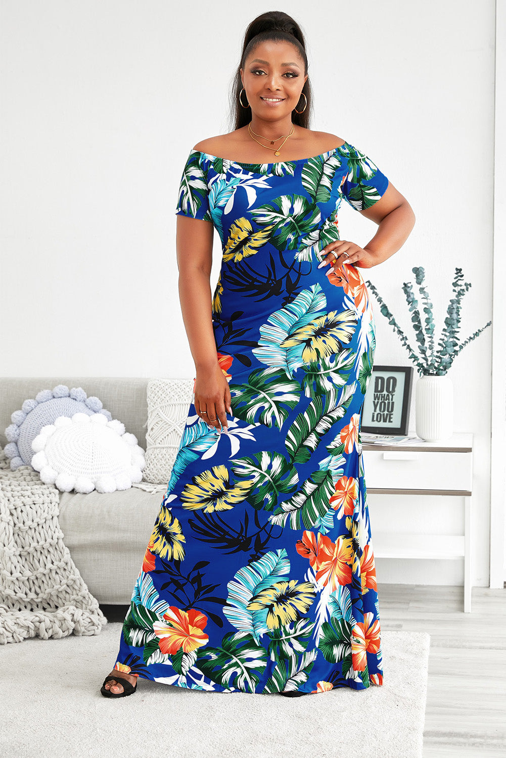 Plus Size Floral Off-Shoulder Short Sleeve Fishtail Dress