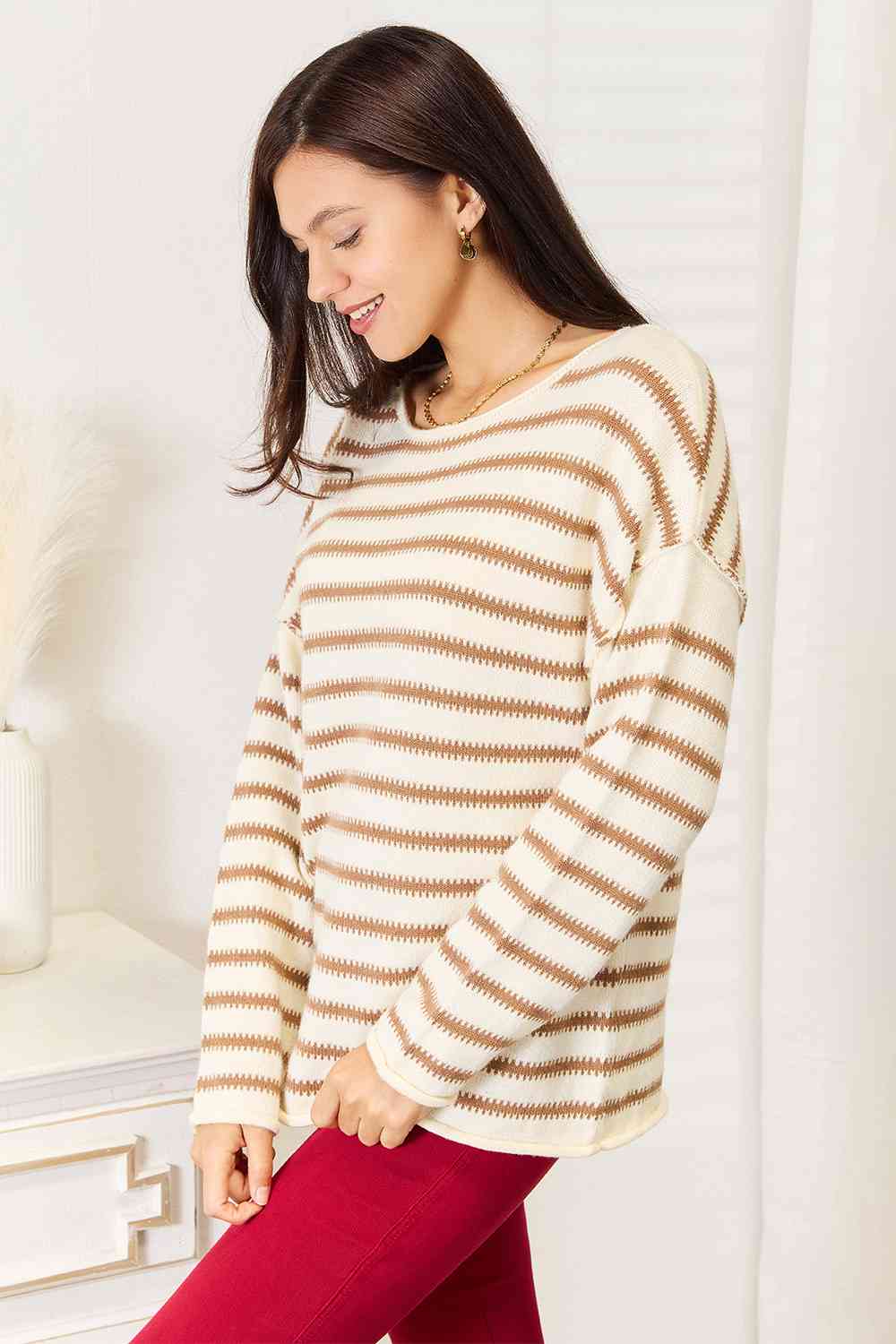 Double Take Striped Boat Neck Sweater