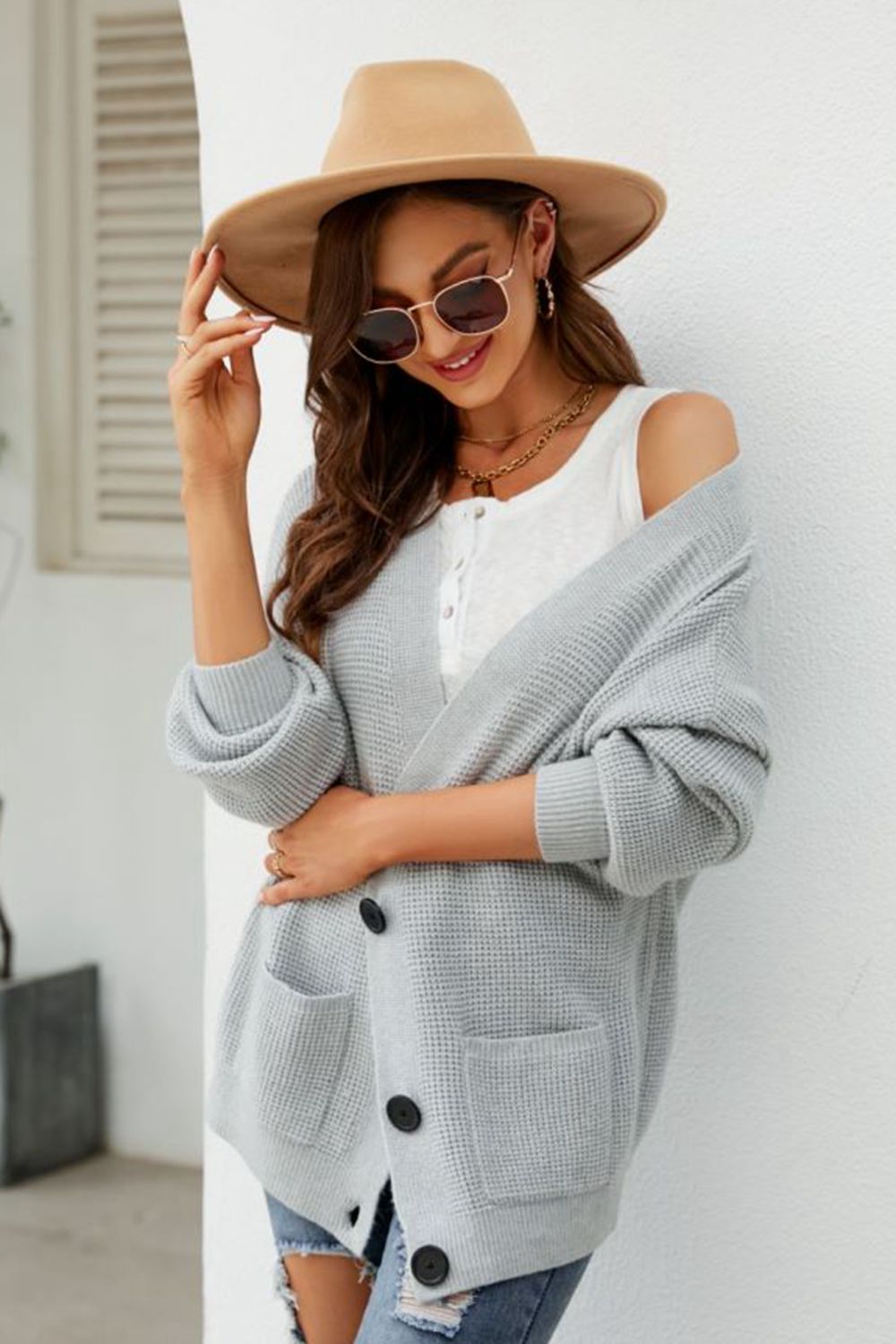 Waffle-Knit Dropped Shoulder Cardigan