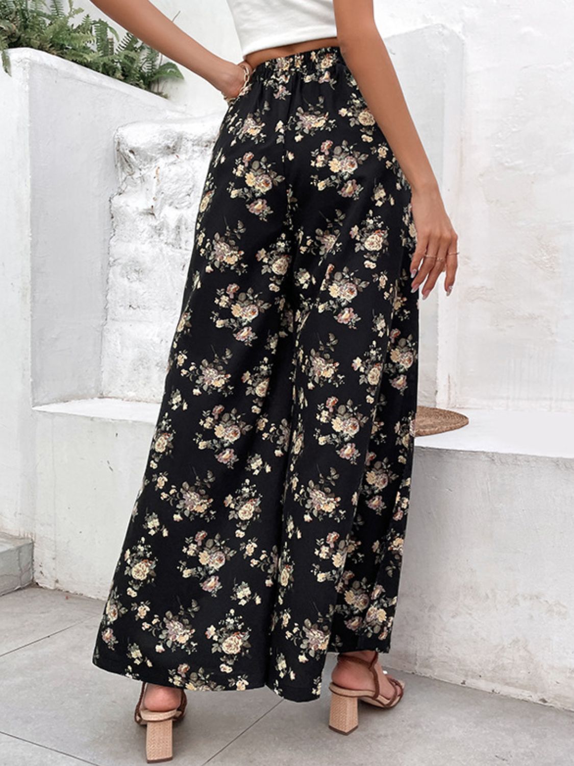 Floral Side Slit Wide Leg Pants