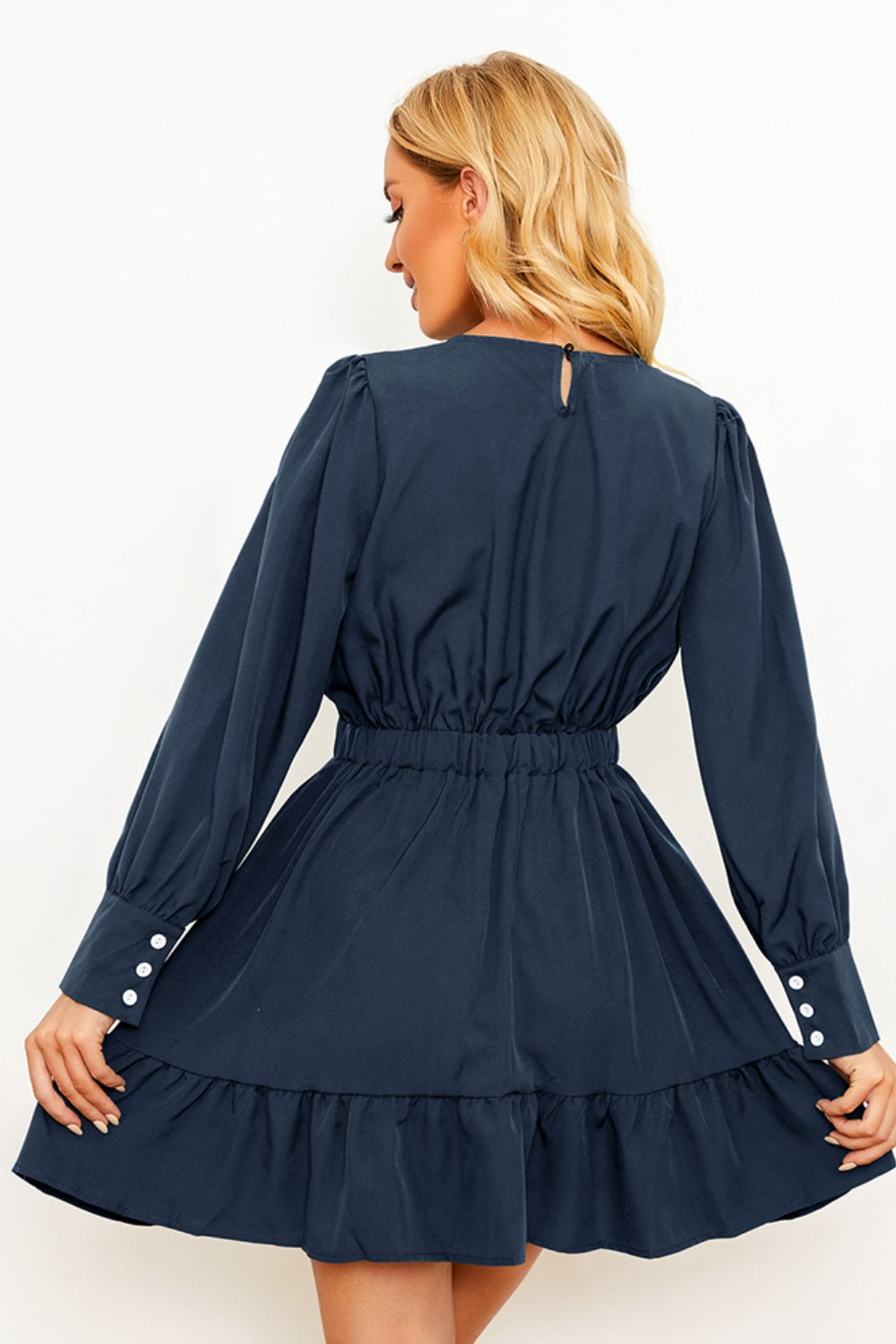 Round Neck Puff Sleeve Ruffle Hem Dress