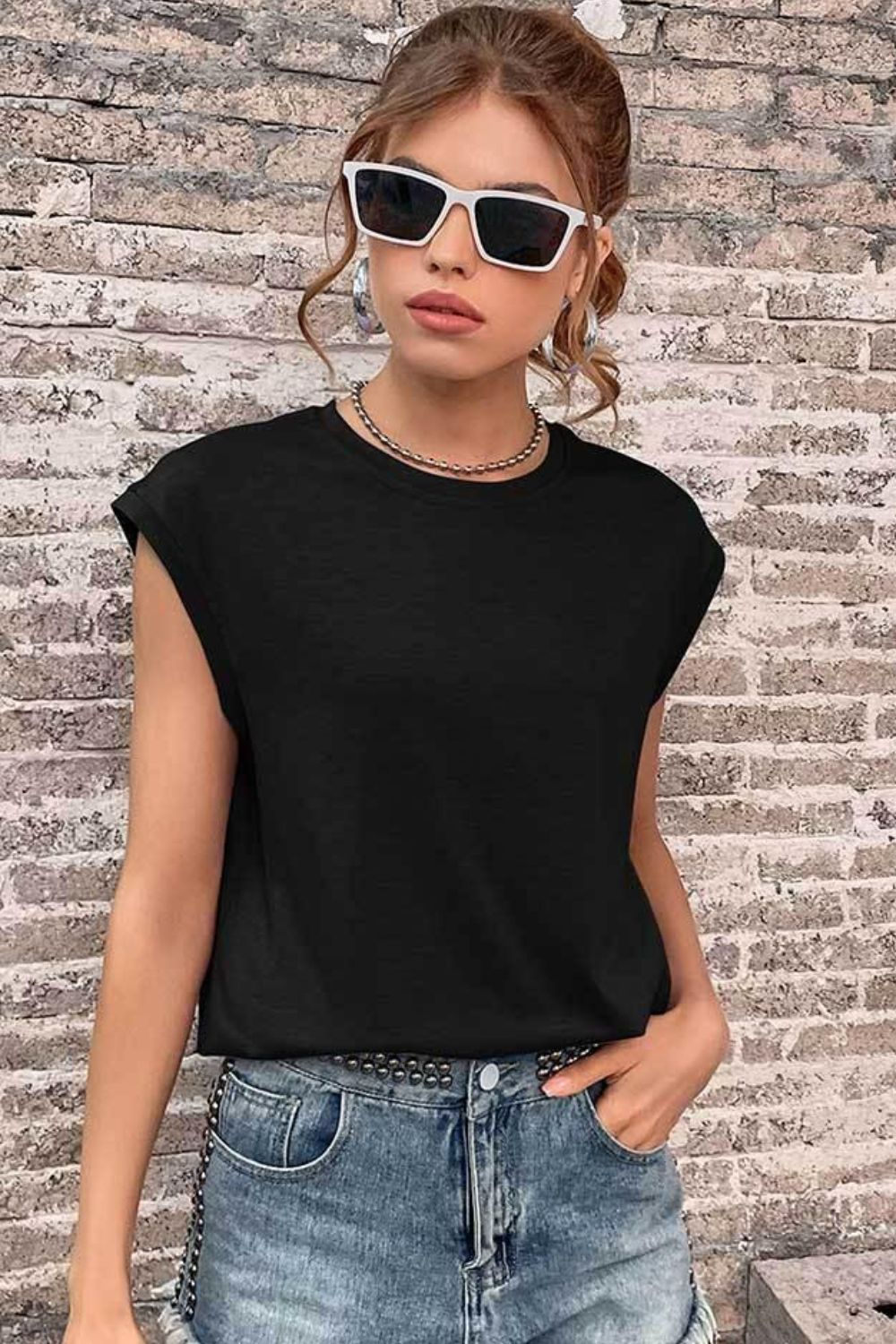 Round Neck Cap Sleeve Top