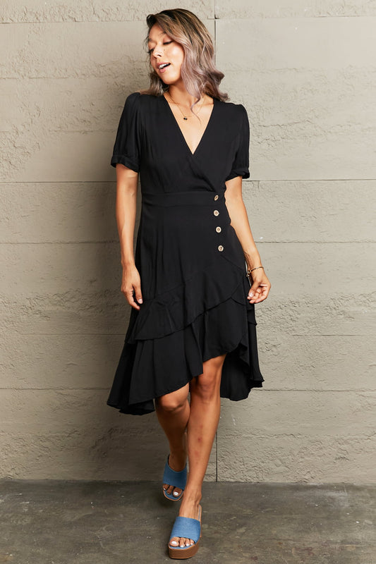 Decorative Button Surplice Ruffle Hem Dress