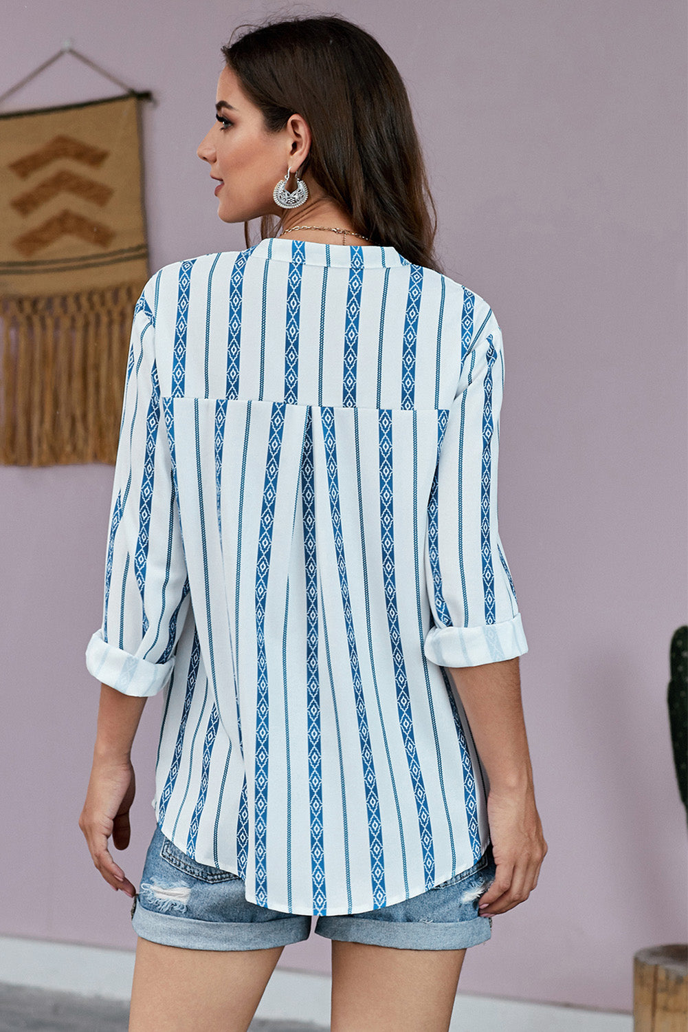 Striped Half-Button Crewneck Top