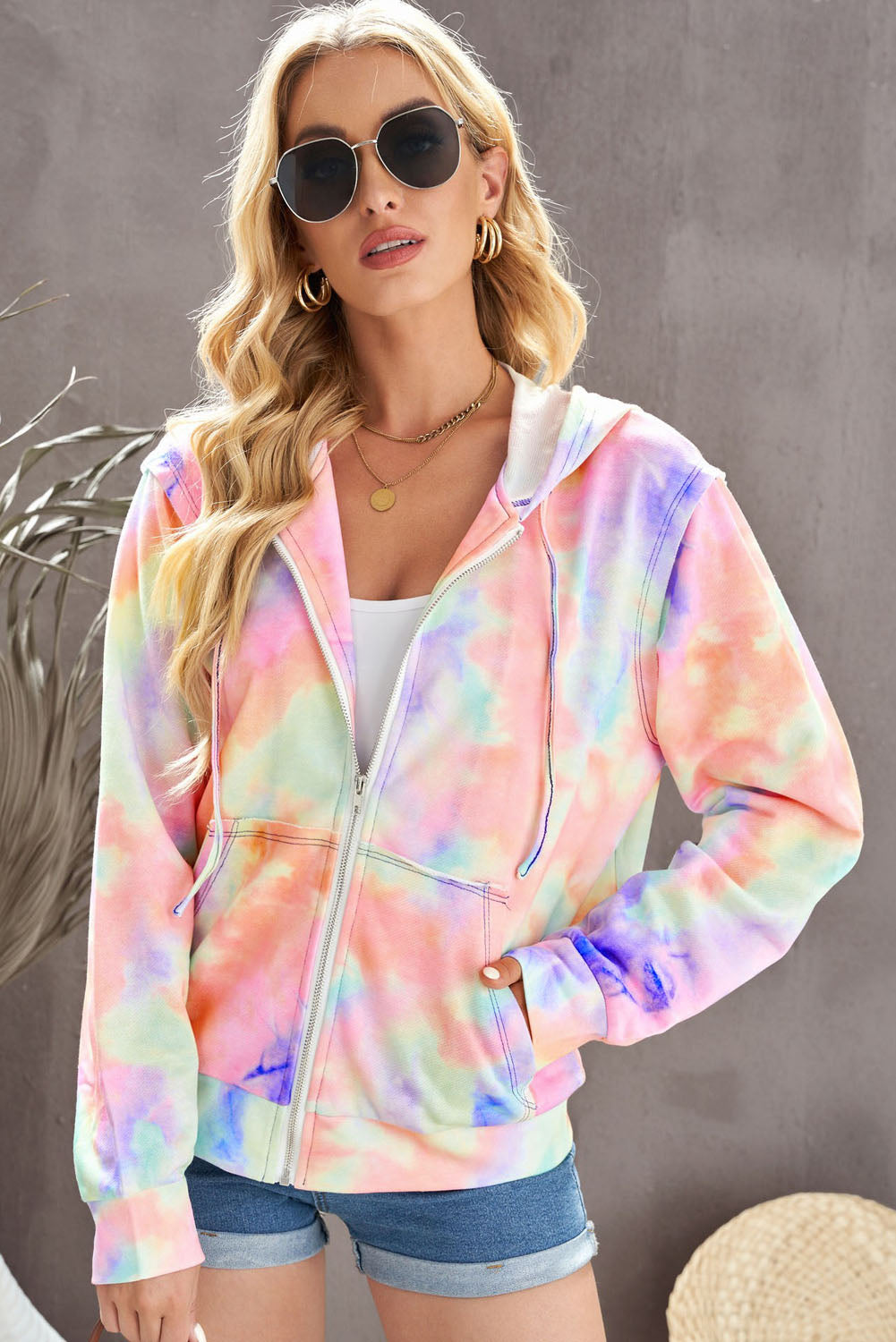 Tie-Dye Drawstring Detail Zip Up Hooded Jacket