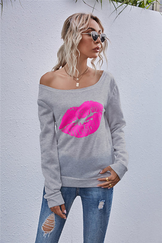 Lip Graphic Off-Shoulder Sweatshirt