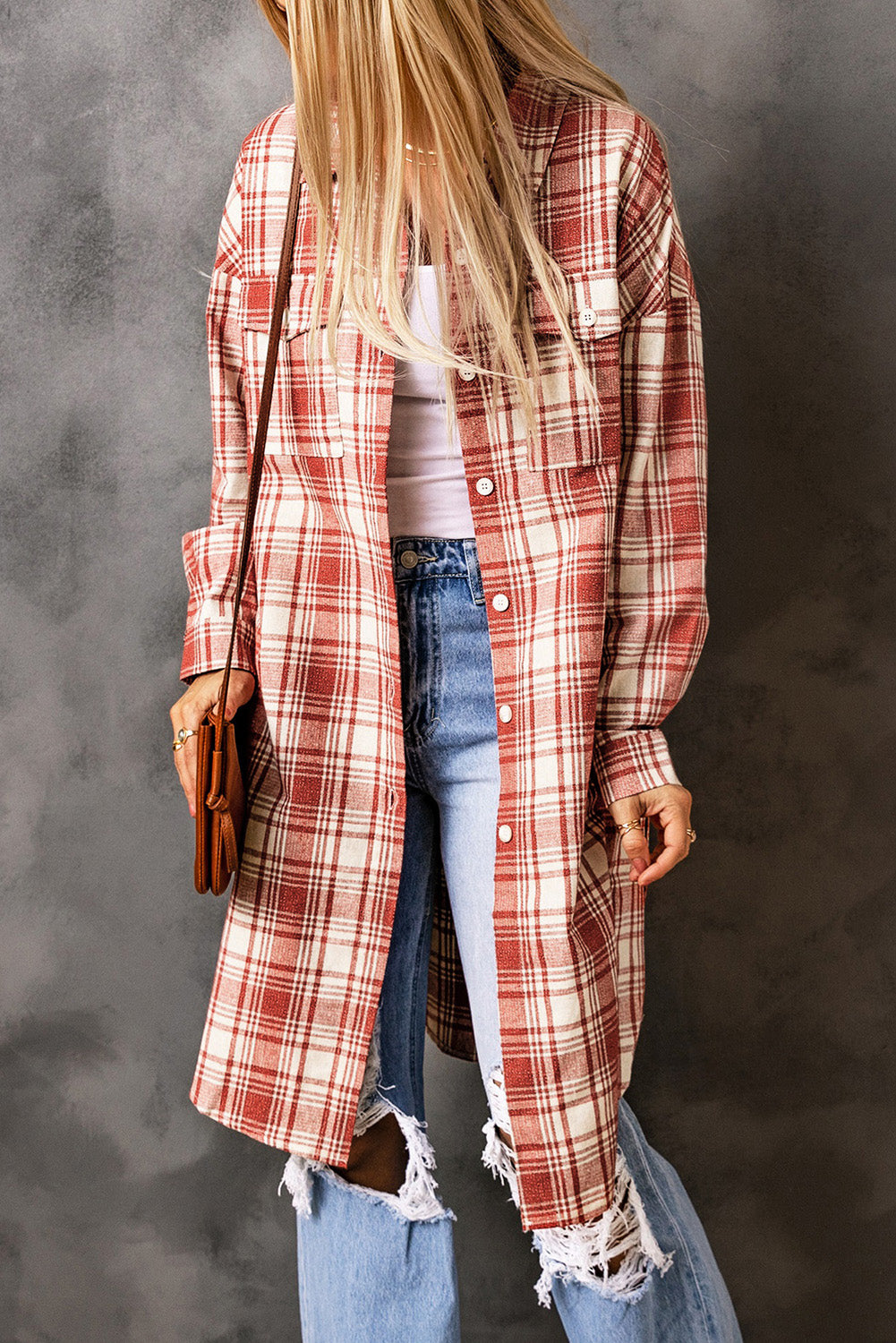 Plaid Button-Up Longline Shacket with Breast Pockets